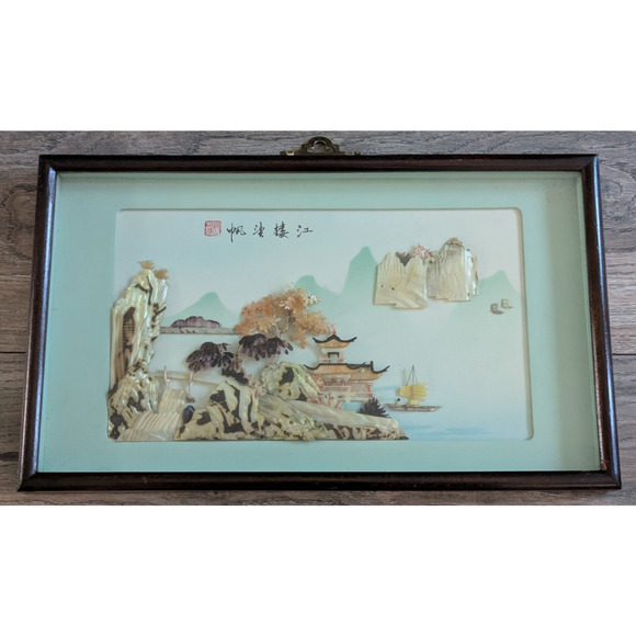Vintage Chinese Mother Of Pearl Shell Art Village Pagoda Diorama Shadow Box